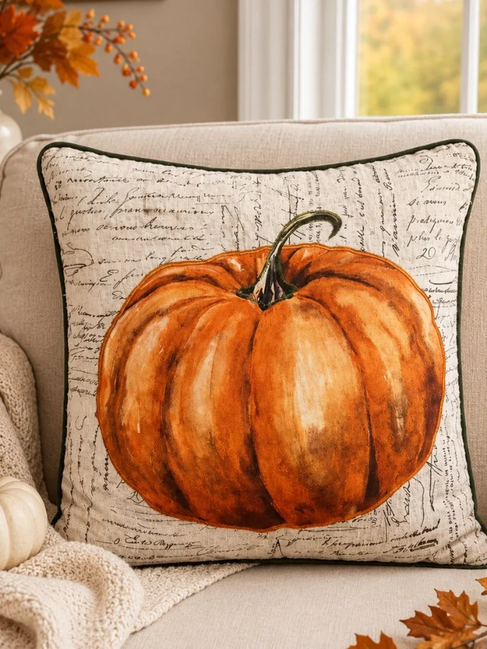 Fall Pumpkin Reversible Plaid Throw Pillow 16x16 Farmhouse Decor